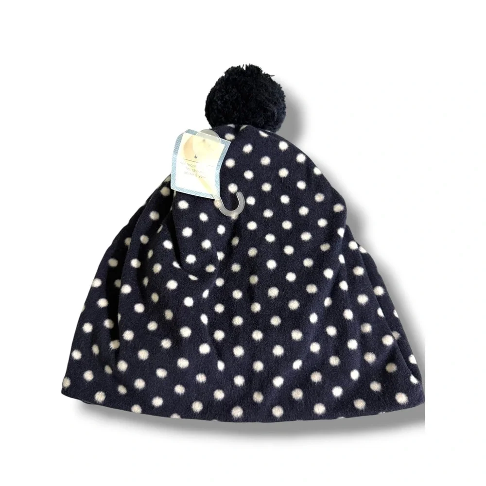 Baby Gap Navy White Polka Dot Fleece Pom Pom Beanie Hat Kids M/L 4-5 NWT